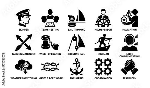 Set of sailing icons illustrating skills and roles in navigation and teamwork