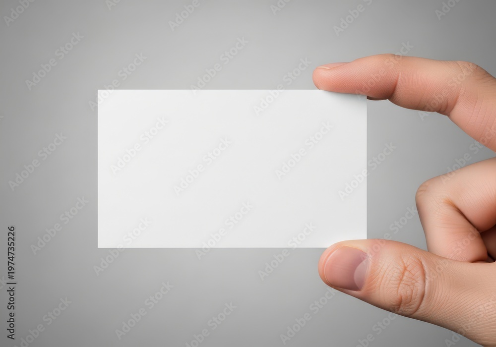 Obraz premium A hand holding a blank white business card against a soft gray background for design mockups