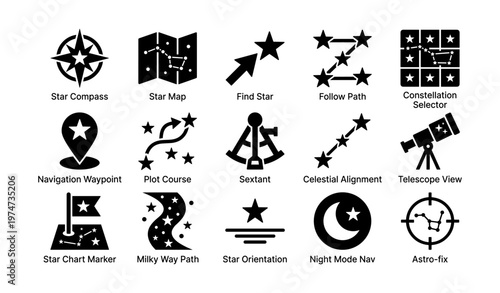 Astronomy icons: star maps, navigation symbols, telescope views, celestial alignment tools