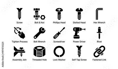 Various industrial tool icons: screw, wrench, rivet, and fastening elements