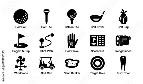 Golf equipment icons set: ball, tee, driver, bag, flag, path, glove, scorecard, rangefinder
