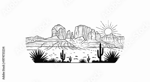 Stylized line drawing of desert mesas, cacti, and sun under a bright sky