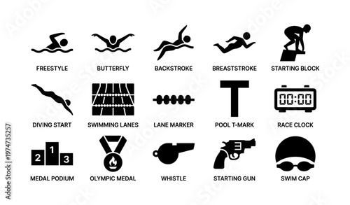 Swimming icons set: freestyle, butterfly, backstroke, breaststroke, starting block, diving start