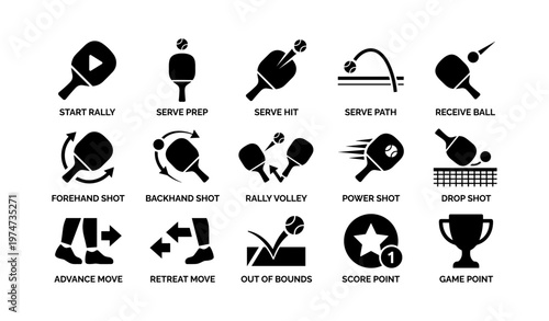 Table tennis icon set illustrating techniques and moves