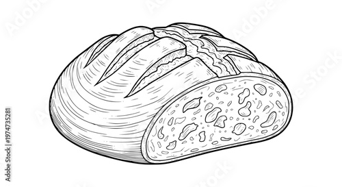 Rustic Sourdough Bread Vector, Freshly Baked Artisan Loaf with Golden Crust Illustration