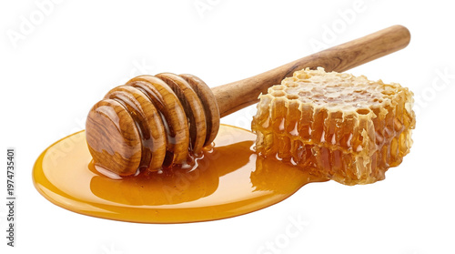 Fotografie Honeycomb and wooden honey dipper with dripping golden honey golden brown food i