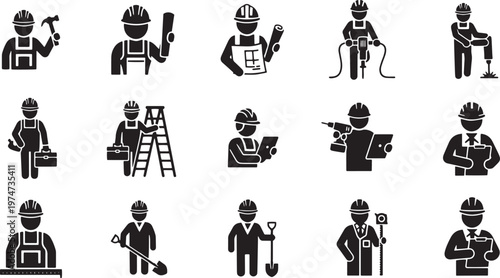 Construction worker icons set featuring builder characters engineer with blueprints professional repairman and industrial service staff silhouette