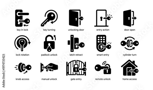 Various lock and key icons depicting unlocking actions and security concepts