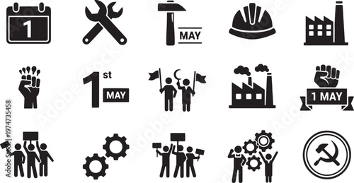 Labor day celebration icons set featuring may first symbols industry factory silhouettes workers with flags fist power and mechanical gear elements