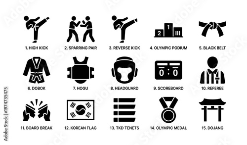 Taekwondo symbols and gear icons illustrate martial arts essentials
