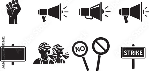 Protest and activism vector icons of people raising fist, shouting in megaphone, striking, saying no, and workers protesting