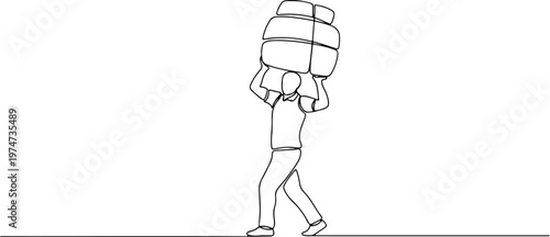Continuous one line of a porter carrying a load, symbolizing physical strength, style hand drawing vector illustration.