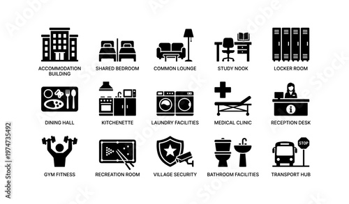 University facility icons set featuring accommodation, lounge, gym, and more