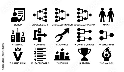 Tournament symbols for signup, bracket start, match, and championship icons