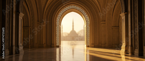 Sunlit arched hallway with ornate wood and golden light, long corridor perspective in historic building interior