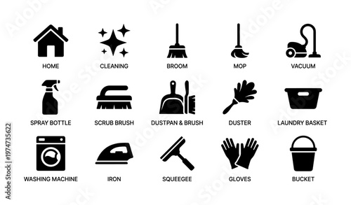 Essential household cleaning tools icons: broom, mop, vacuum, gloves, laundry basket
