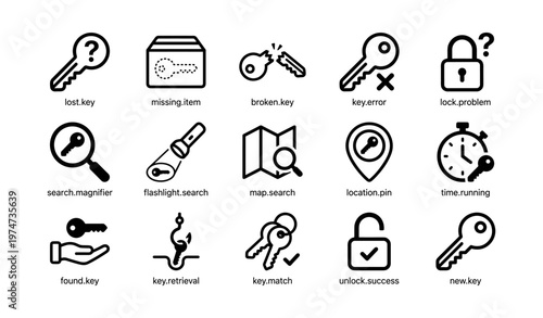 Icon set of key-related concepts: lost, broken, unlock, search, location, lock