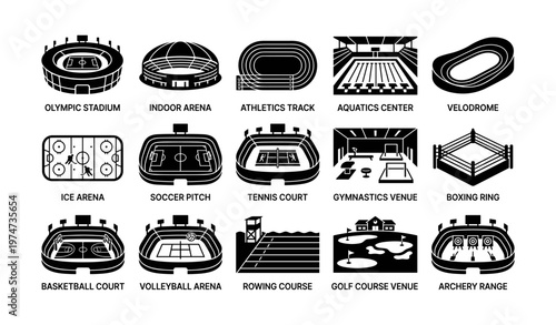 Sports venue icons: olympic stadium, arena, track, aquatics center, velodrome