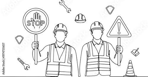 Continuous one line of a road worker lifting a sign, work safety symbol, style hand drawing vector illustration.