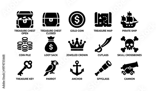 Icons of treasure: open chest, loot sack, pirate ship, parrot, crown, cutlass, cannon, spyglass