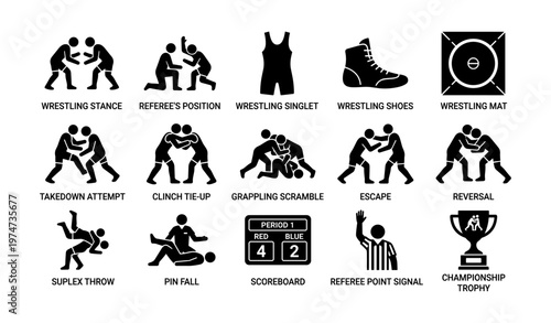 Wrestling icons: stance, singlet, shoes, mat, techniques, referee, trophy