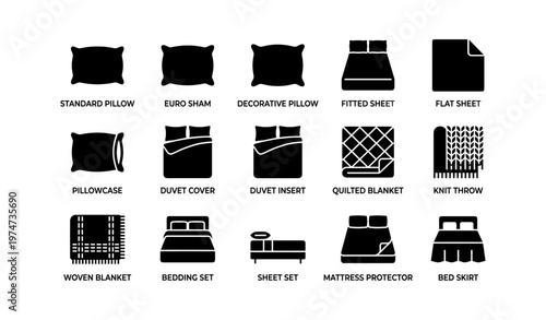 Icons of bedding essentials including pillows, sheets, and blankets