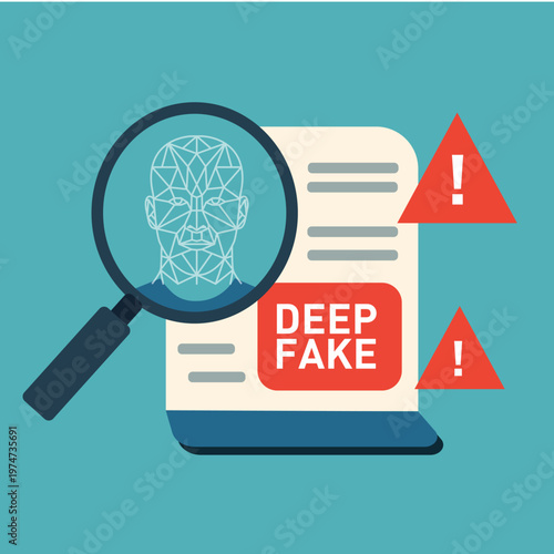 Deepfake detection concept with magnifying glass and warning symbols