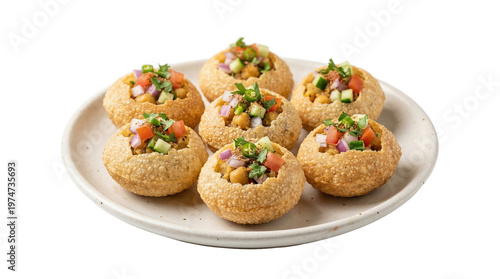 Tableau sur toile Plate of six pani puri stuffed with spicy chickpea and vegetable filling as isol