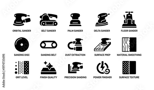 Various sanding tools and techniques icons set for surface preparation