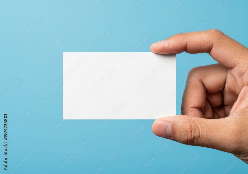 Obraz premium A hand holding a blank white business card against a plain light blue background for branding
