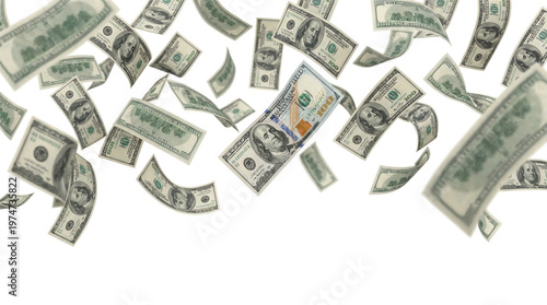 Hundred dollar bills falling in a cascade with currency greenback banknote investment celebration business financial transaction exchange mortgage monetary advertising as isolated object