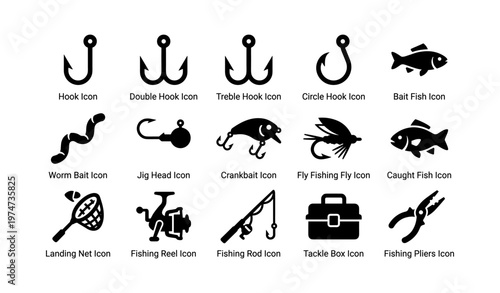 Fishing hook and gear icons: hooks, bait, reel, tackle box, pliers, net