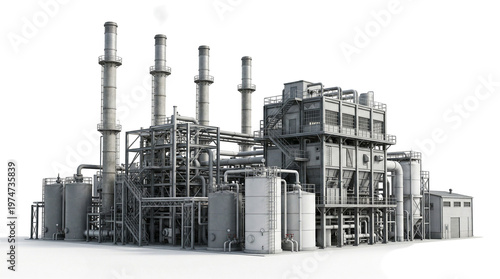 Modern industrial chemical processing plant with industry chemical industrial manufacturing petrochemical refinery production infrastructure facility building machinery as transparent PNG