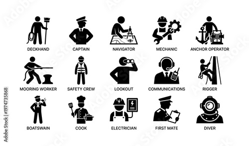 Maritime occupation icons: deckhand, captain, navigator, mechanic, anchor operator