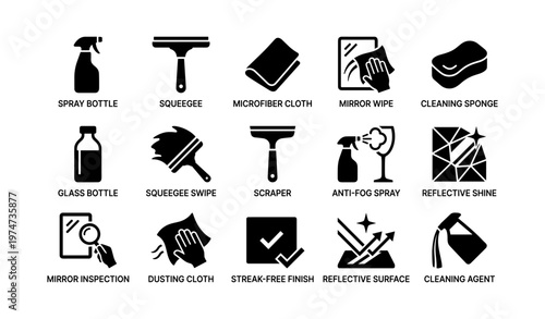 Cleaning tools icon set with spray, squeegee, and cloth for glass and mirrors