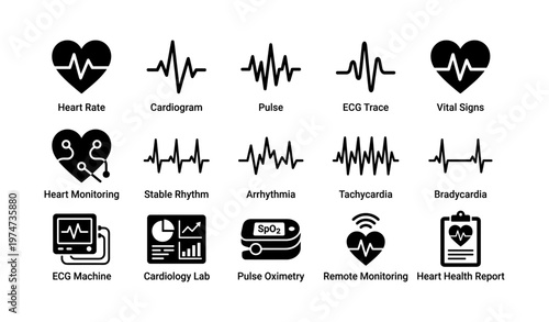 Medical icons for heart rate monitoring and cardiovascular health analysis