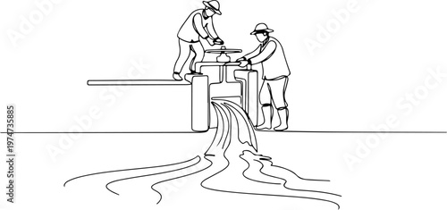 Continuous one line of an irrigation worker opening the water flow, resource management symbol, style hand drawing vector illustration.