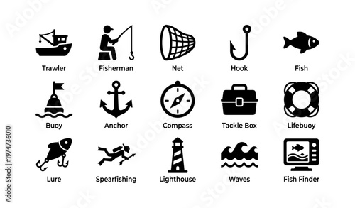 Fishing icons set: boat, fisherman, gear, fish, ocean symbols
