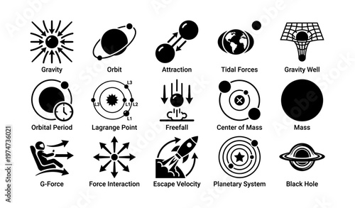 Astronomy symbols: gravity, orbit, black hole, planetary system, tidal forces