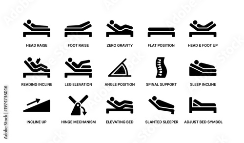 Adjustable bed icons: incline, elevation, support, sleep positions, mechanisms