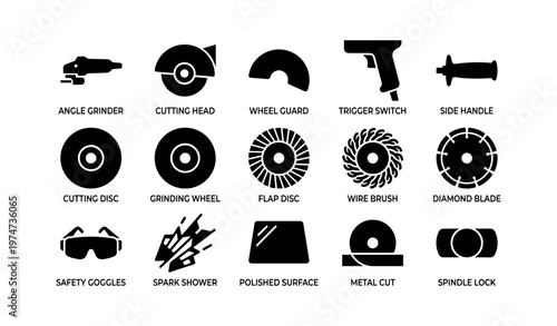 Various black silhouettes of metalworking tools and safety equipment icons