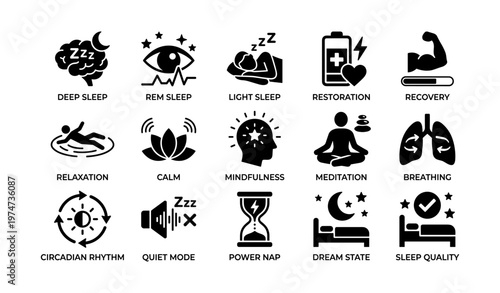 Icons depicting various sleep states and relaxation techniques
