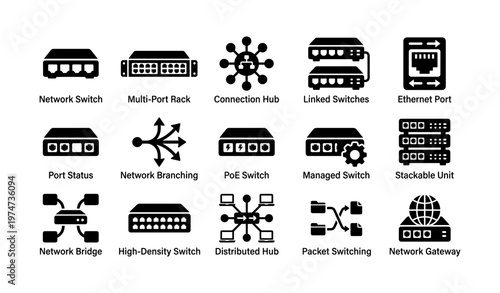 Network switch icons featuring ethernet ports and connection hubs