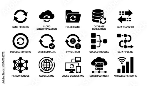 Data synchronization icons: cloud, database, network, and process symbols