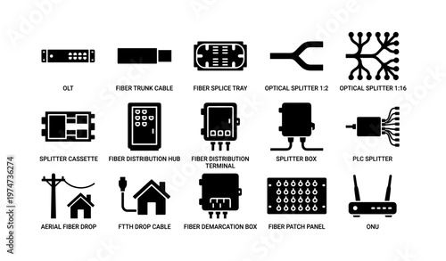 Fiber optic network components icons: olt, cables, splitters, distribution, ont
