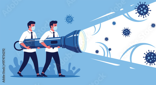 Two medical professionals wearing masks using a giant flashlight to uncover and identify virus particles in a dark area.