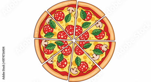 A whole pizza, sliced into eight pieces, topped with cheese, pepperoni, mushrooms, and basil