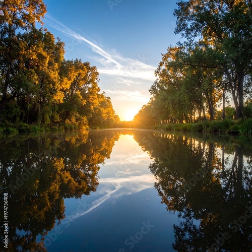 A serene river reflects the golden hues of a sunrise, with trees lining the banks and the sky above