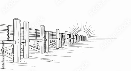 A wooden fence stretches into the distance under a bright, rayed sun