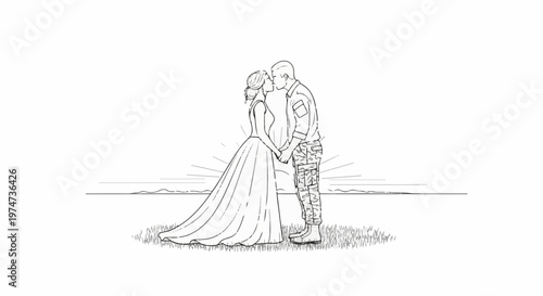 A newlywed couple, bride and soldier, share a tender kiss at sunrise